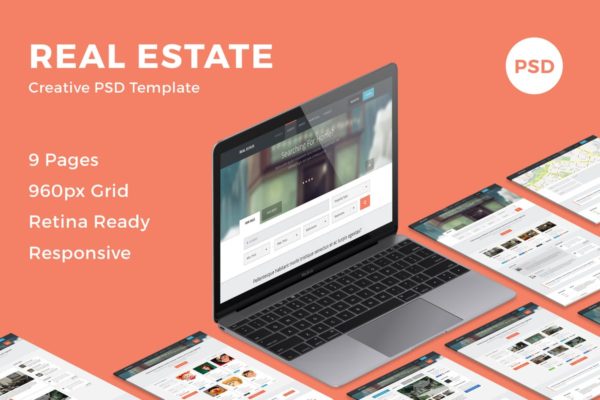 房地产销售中介业务网站设计PSD分层设计模板素材 Real Estate – Creative PSD Template