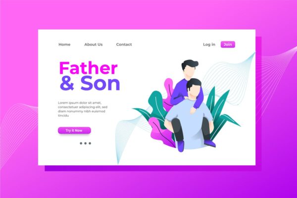 亲子活动场景矢量插画网站落地页模板设计 Father and Son Landing Page Illustration