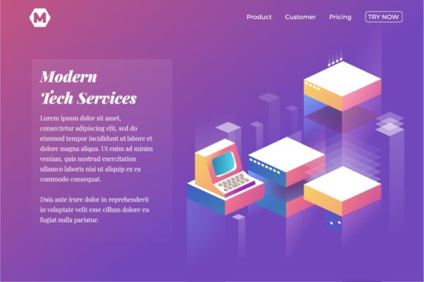 信息技术服务等距概念插画着陆页设计模板素材 Tech Theme isometric landing page for company webs