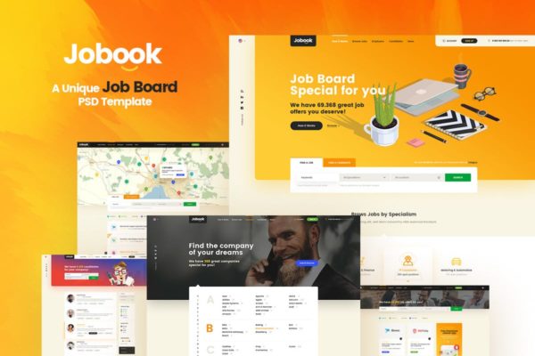 创意招聘网站设计PSD分层设计模板素材 Jobook – A Unique Job Board Website PSD Template