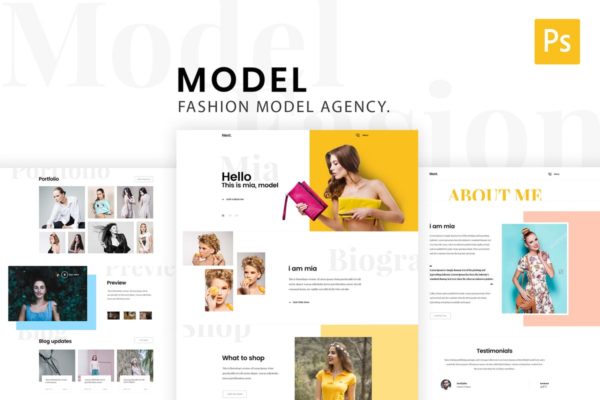 模特经纪公司网站设计PSD分层设计模板素材 Model Agency – Creative Photoshop Template