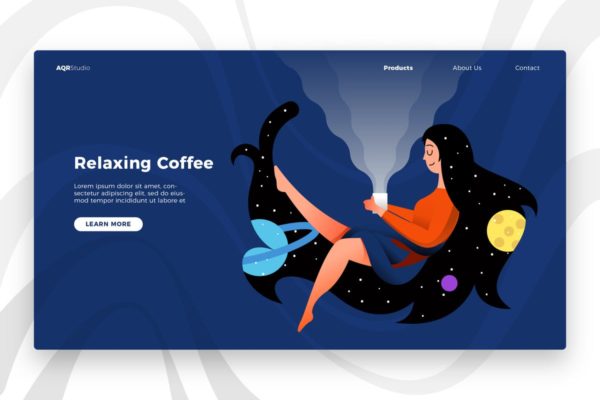 咖啡品牌概念插画网站Banner&落地页模板设计 Relaxing Coffee – Banner & Landing Page