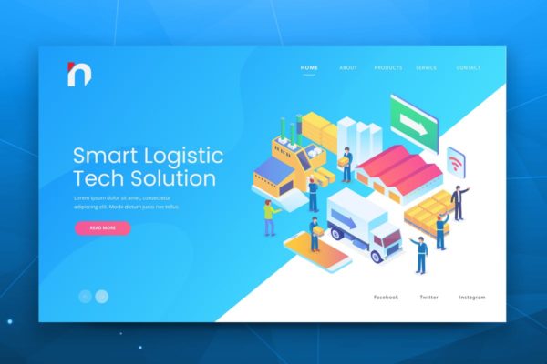 智能后勤服务中心网站等距概念插画落地页模板设计 Isometric Smart Logistic Web PSD and AI Vector