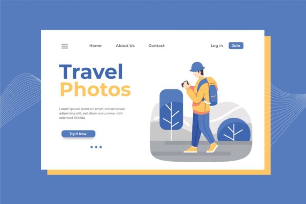 旅行摄影师矢量插画网站着陆页设计模板素材 Travel Photographer Landing Page Illustration