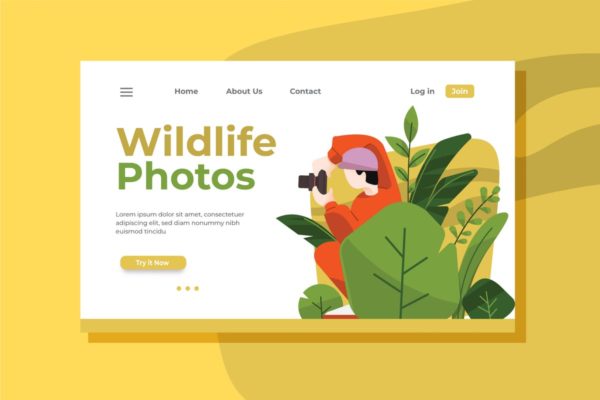 野生动物摄影师插图网站着陆页设计模板素材 Wildlife Photographer Landing Page Illustration