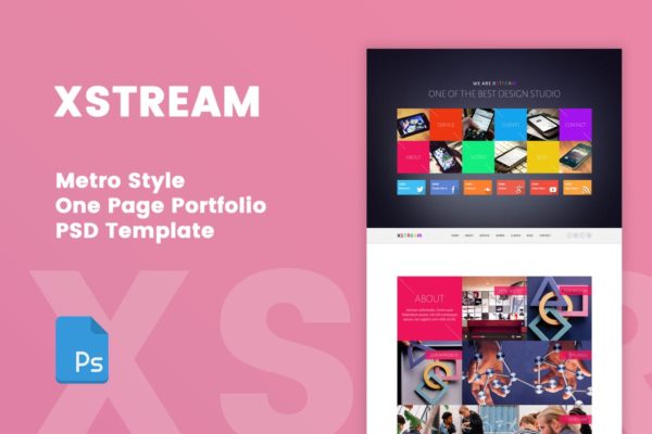 Metro设计风格单页PSD网页设计模板素材 XSTREAM – Metro Style One Page PSD Template