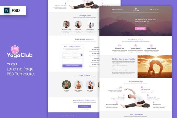 瑜伽培训机构官网着陆页设计PSD分层设计模板素材 Yoga – Landing Page PSD Template