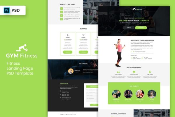 健身房健身俱乐部官网着陆页设计PSD分层设计模板素材 Fitness – Landing Page PSD Template