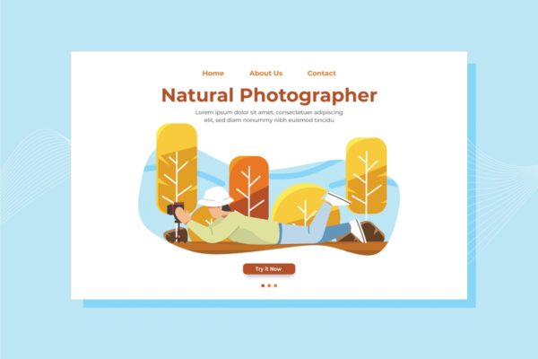 大自然摄影师插画网站着陆页设计模板素材 Natural Photographer Landing Page Illustration