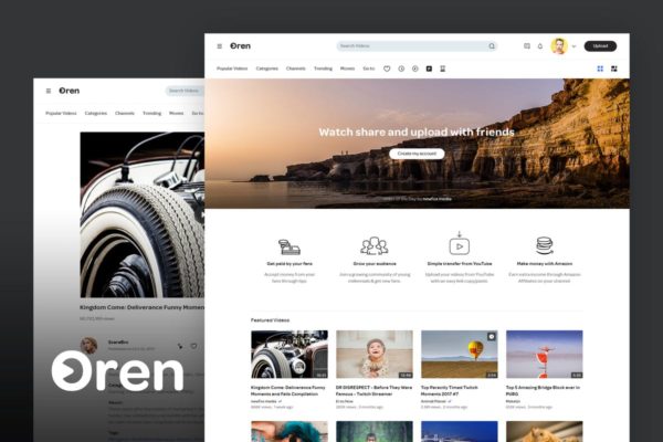 视频分享网站设计PSD分层设计模板素材文件 Oren – Video Sharing Website PSD Template
