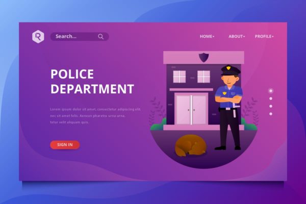 警察安保服务矢量插画网站落地页模板设计 Police Department Web Header Vector Template