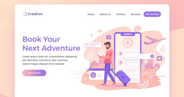 旅行出行机票预订服务场景插画着陆页设计模板素材 Book Your Next Adventure, Traveling Landing Page