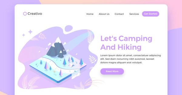 远足探险露营旅行插画网站着陆页设计模板素材 Lets Camping Hiking, Nature explorer Landing Page