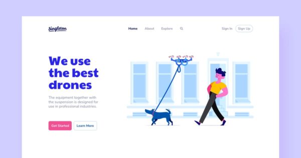 无人机遛狗场景插画网站落地页模板设计 Drones Landing Page Illustrations