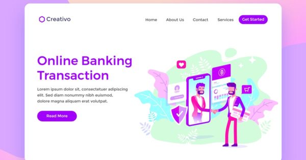 网上银行交易场景插画网站着陆页设计模板素材 Online Banking Transaction Protection Landing Page