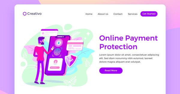 网上交易支付安全保护场景插画网站着陆页设计模板素材 Online Payment Protection, Banking Landing Page