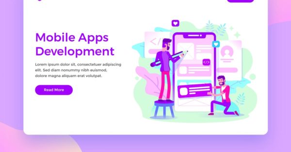 APP应用开发场景插画网站着陆页设计模板素材 Mobile Apps Development Creative Team Landing Page