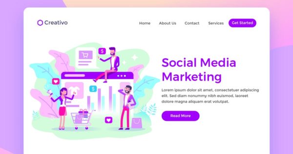 社交媒体营销场景插画网站着陆页设计模板素材 Social Media Marketing Team Ecommerce Landing Page