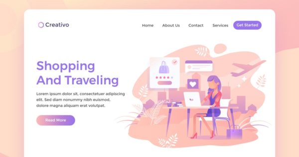 购物&旅行电商主题插画网站着陆页设计模板素材 Shopping and Travelling, ecommerce Landing Page