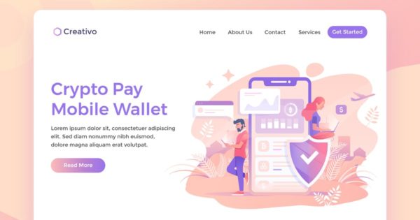 手机钱包加密支付场景插画网站落地页模板设计 Crypto Pay Mobile, Currency Wallet Landing Page