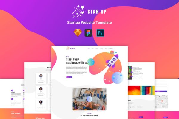初创公司项目产品官网设计模板素材[SKETCH&PSD] Star Up – Website Template For Startup