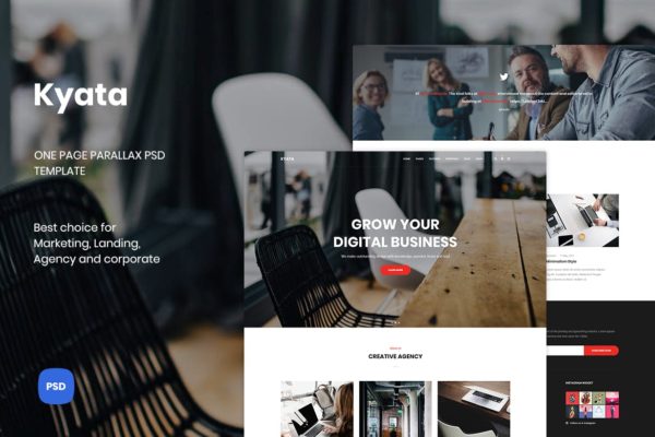 视觉差滚动特效单页设计风格网站设计PSD分层设计模板素材 Kyata | One Page Parallax PSD Template