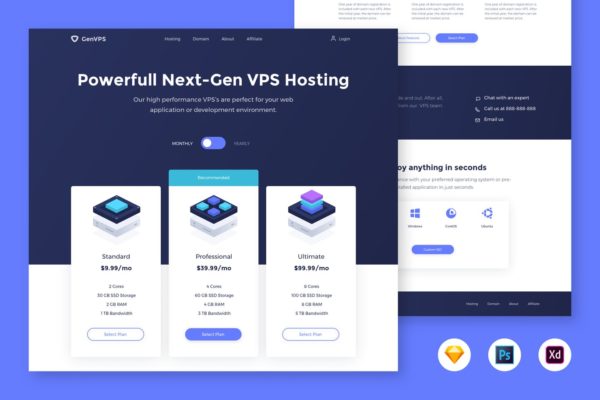 VPS云服务器套餐页面着陆页设计模板素材[PSD&SKETCH, XD] VPS Hosting Pricing Table – Landing Page Template
