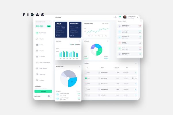 互联网金融交易数据统计后台仪表盘UI设计模板素材-纯白背景 FIDAS Finance Dashboard Ui Light – P