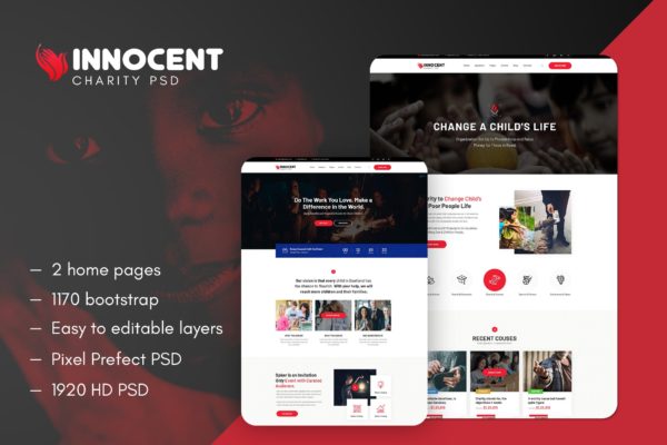 非营利慈善机构官网网站设计PSD分层设计模板素材 Innocent – Nonprofits Charity PSD Template