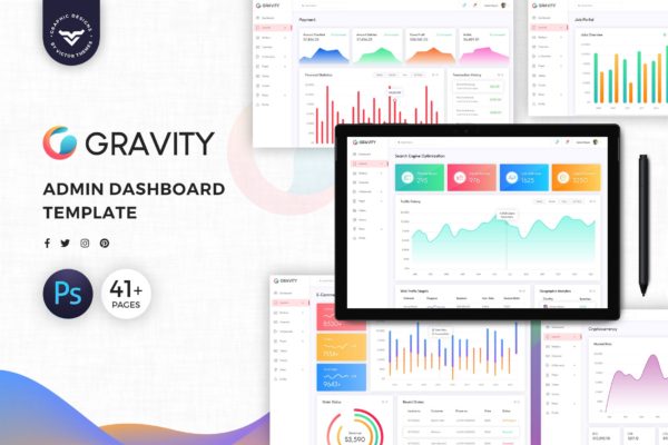 网站数据统计分析系统后台界面设计UI设计套件模板素材 Gravity Admin Dashboard UI Kit