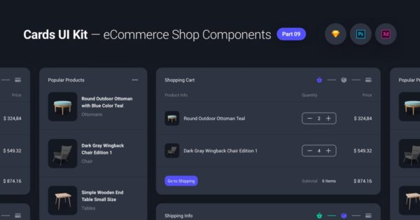 卡片式UI设计套件-网上商城小工具&组件[夜间模式] Cards UI Kit – eCommerce Shop Widgets & Components