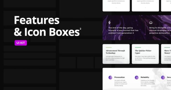 CMS内容管理系统网站UI设计套件 Features & Icon Boxes Set 2 – Multi-Format UI KIT