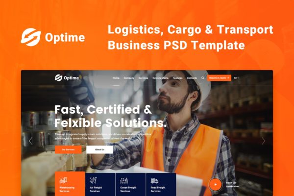 物流货运/快递运输公司官网设计PSD分层设计模板素材 Optime – Logistics, Cargo & Transport PSD Template