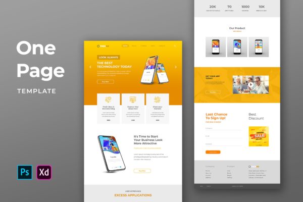 APP应用产品设计介绍页面PSD分层设计模板素材 Mobile App One Pages Template