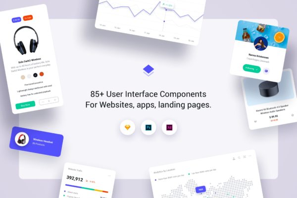 85+卡片式设计用户界面设计UI设计套件模板素材 85+ User Interface Cards – Cards Full UI Kit