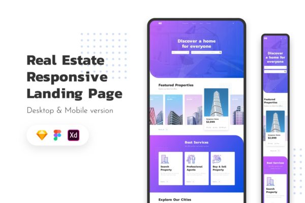 房地产销售中介网站响应式设计模板素材[SKETCH, XD] Real Estate Responsive Landing Page