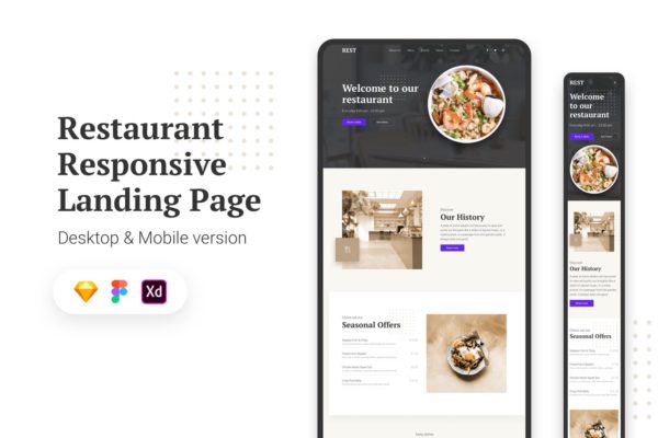 餐馆品牌响应式网站设计UI设计套件模板素材 Restaurant Responsive Landing Page