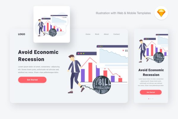 经济研究分析网站设计矢量插画素材[SKETCH&SVG] Economic recession illustration (Sketch & SVG)