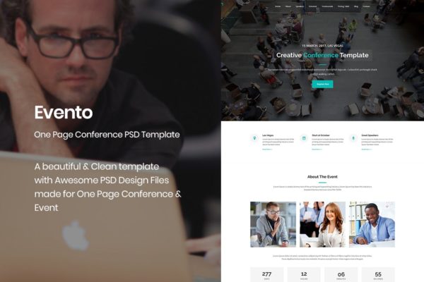 会议&活动主题网站设计PSD分层设计模板素材 Evento – One Page Conference & Event PSD Template