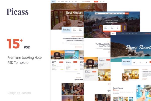酒店预订网站设计PSD分层设计模板素材 Picass | Hotel PSD Templates