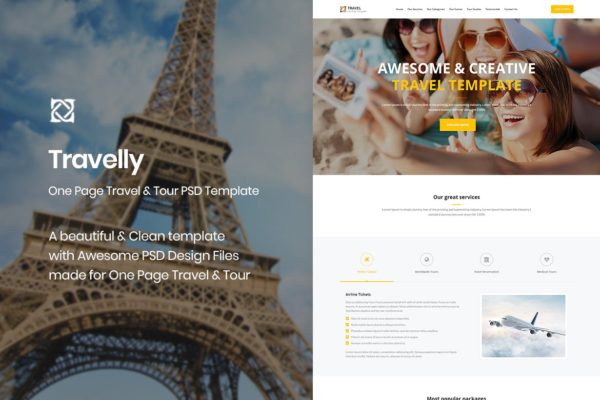 旅行主题单页设计网站PSD分层设计模板素材 Travelly – One Page Travel & Tour PSD Template