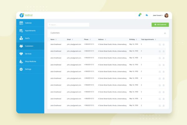 互联网+医院CRM系统后台病患人员管理界面UI设计PSD分层设计模板素材 Customers – CRM booking Web-based UI design