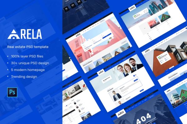 房地产经销商城网站设计PSD分层设计模板素材 Arela | Real Estate PSD Template
