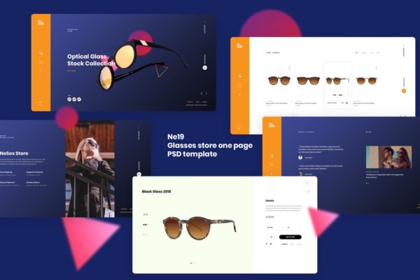 眼镜超市网上商城单页设计网站PSD分层设计模板素材 Ne19 – glasses store one page template