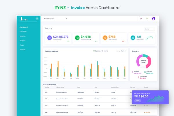 发票/票据管理系统网站后台UI设计模板素材 Heyinz – Invoice Admin Dashboard UI Kit