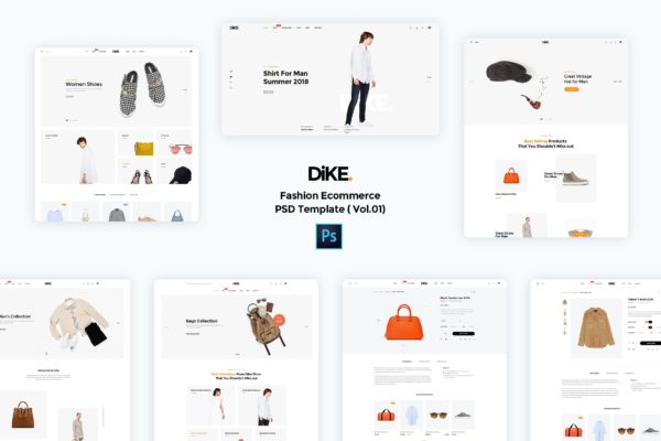 简约时尚电商网站平台PSD分层设计模板素材v1 Dike-Fashion Ecommerce PSD Template ( Vol.01)
