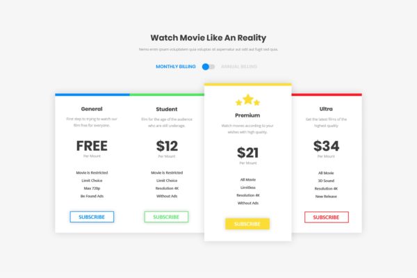网站服务订阅价格表单交互设计模板素材 Pricing Table