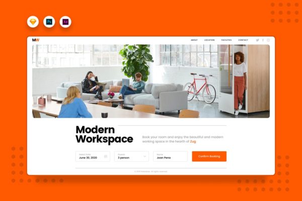 共享空间租赁网站首页UI设计模板素材[PSD, SKETCH, XD] DailyUI.V4 Working Space Booking Website Landing