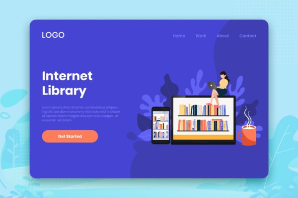 互联网电子图书库/图书馆网站着陆页设计模板素材 Internet Library landing page template