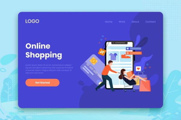在线购物场景插画网站着陆页设计模板素材 Online Shopping landing page template